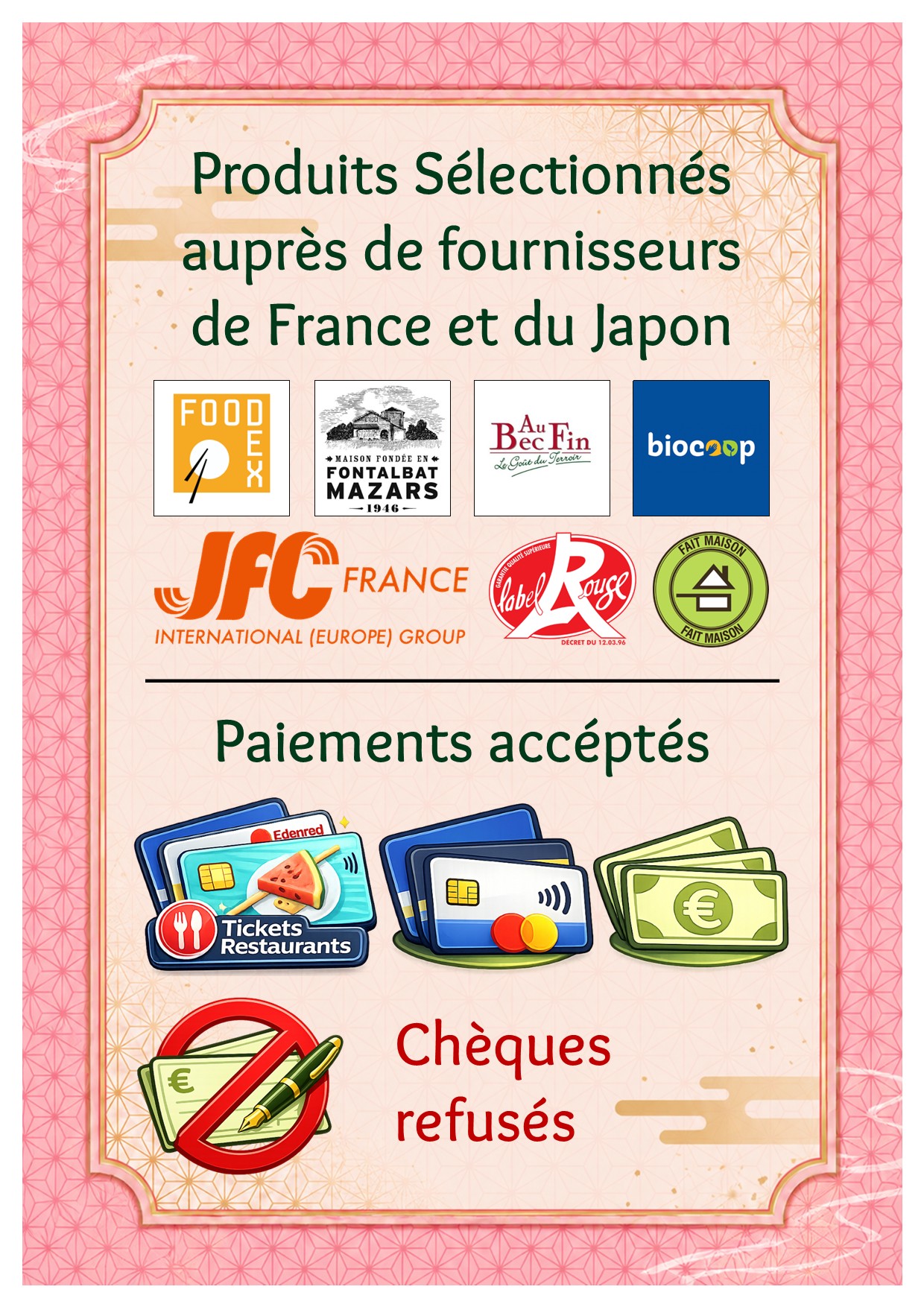 Moyens de paiement acceptés et fournisseurs Bento Kanoya