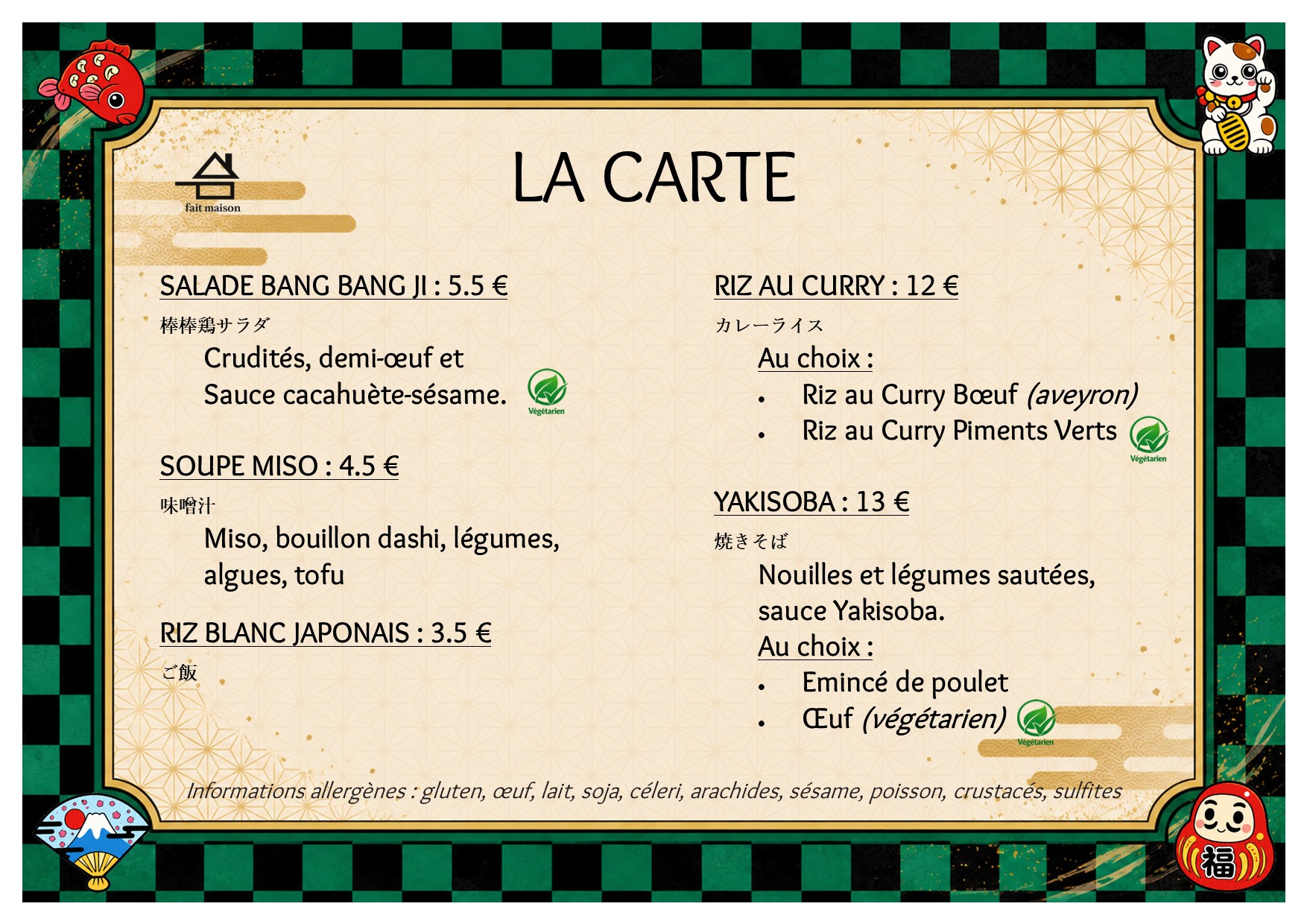 Carte Bento Kanoya avec tarifs