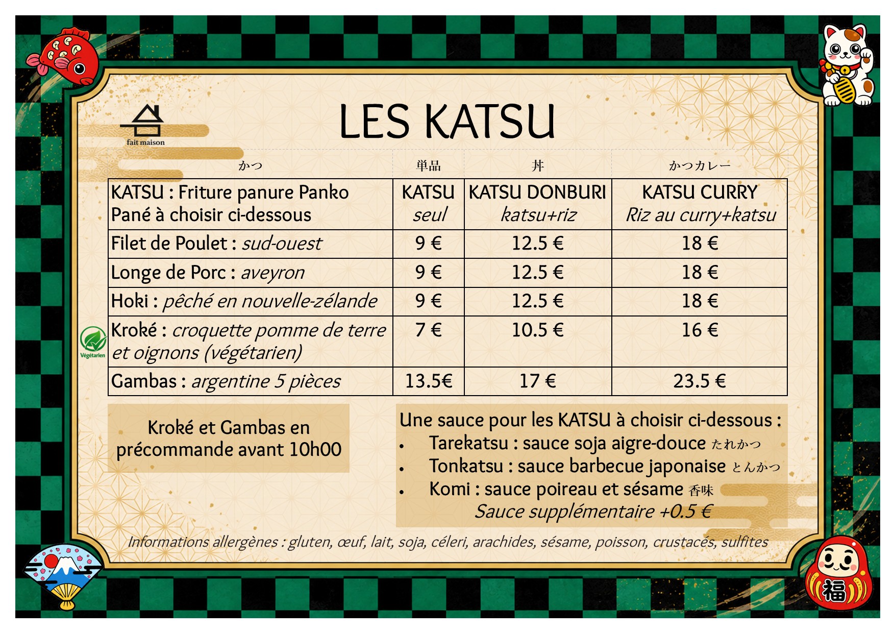 Menu Katsu Bento Kanoya avec tarifs